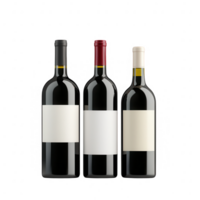 Three elegant wine bottles with blank labels, ideal for customized branding. png