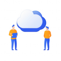 Two people discussing cloud computing with graphical cloud representation. png