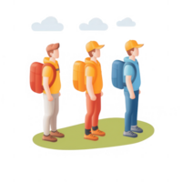 Three hikers with backpacks stand together, exploring nature and enjoying the outdoors. png