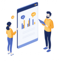 Two professionals analyzing data on a digital screen with charts and graphs. png