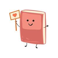 Cute book holds heart sign in flat design. Library character with face. illustration isolated. vector