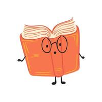 Surprised book in glasses in flat design. Cute library character with face. illustration isolated. vector