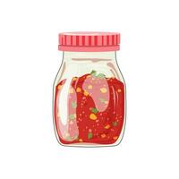 Tomato sauce in jar in flat design. Hot red salsa condiment for cooking. illustration isolated. vector