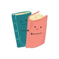 Cute books hugging in flat design. Friendly library characters with faces. illustration isolated. vector