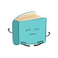 Cute book sits in meditation in flat design. Wisdom character with face. illustration isolated. vector