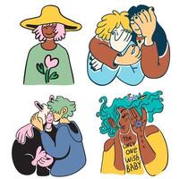 set of romantic couples and alone characters in doodle style in color vector