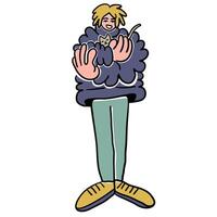 male sit with cat in doodle style in color vector