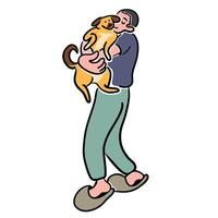 male hug with dog in doodle style in color vector