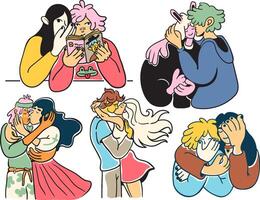 set of romantic couples half body in doodle style in color vector