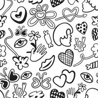 seamless pattern with eye flower and hearts in doodle style vector
