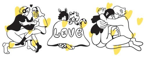 set of siting couples in doodle style vector