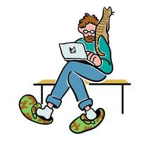 male sit with laptop with cat in doodle style in color vector