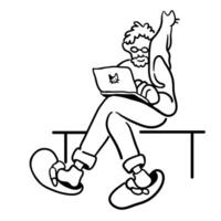 character sit with laptop and cat in doodle style vector