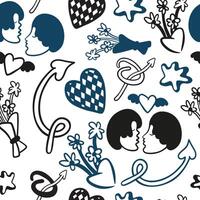seamless pattern with kissing couple and doodle elements vector