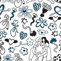 seamless pattern with couple and doodle flowers vector