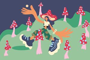 character walking in mushroom forest in doodle style in color vector