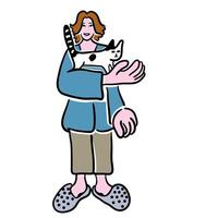 female with cat in doodle style in color vector