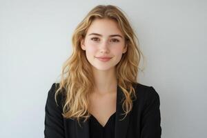 Young woman in professional attire smiles confidently against a neutral background photo