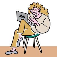 male sit with laptop in doodle style in color vector