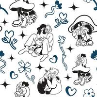 seamless pattern with couples, flowers and stars vector