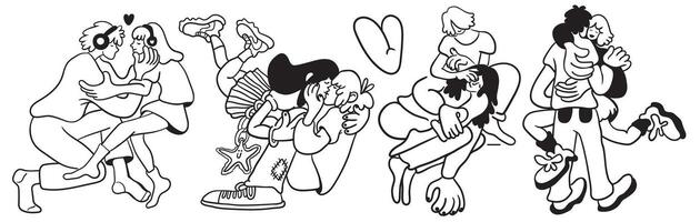 set of romantic couples hugs in doodle style vector