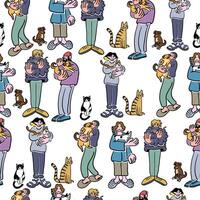 seamless pattern with people and pets in doodle style vector