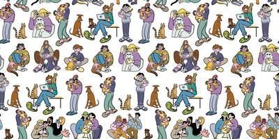 seamless pattern with people and pet animals vector