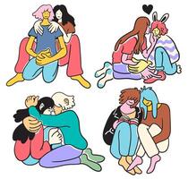 set of romantic couples sit and hugs in doodle style in color vector