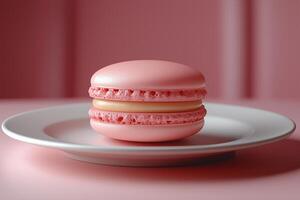Pink macaron on a plate against a soft pink background photo