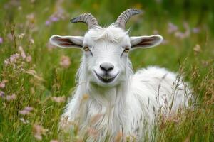 a white goat is standing in a field of grass photo