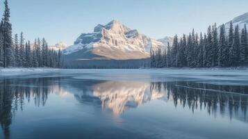 a mountain range is reflected in the water of a lake photo