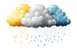 Vibrant illustration of colorful clouds releasing raindrops, symbolizing diverse weather conditions and artistic expression. png