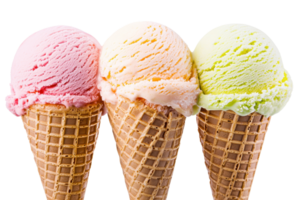 Three delicious ice cream cones with pink, yellow, and orange scoop on waffle cones, isolated on transparent background. png