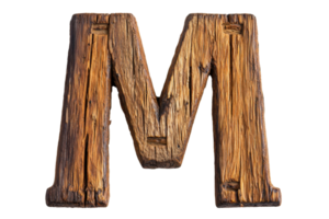 Rustic wooden letter M depicting a textured and aged timber design, perfect for typography projects and creative visuals. png