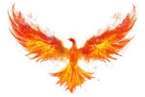 Vibrant depiction of a fiery phoenix rising with blazing wings, symbolizing rebirth, strength, and transformation in mythological realms. png