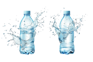 Two plastic water bottles with splashing water on transparent background, showcasing freshness and hydration concept in high resolution image. png