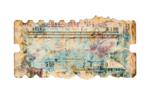 Vintage ticket stub with worn edges and faded colors, evoking nostalgia and history in a rustic artistic style. png