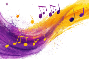 Vibrant flow of colorful music notes in motion, symbolizing rhythm and creativity against an abstract artistic background. png
