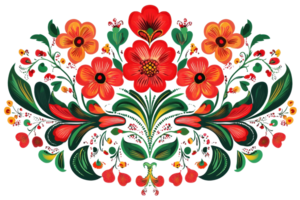 Vibrant floral design with red and orange blossoms, lush greenery creating an intricate pattern. Perfect for artistic and decorative projects. png