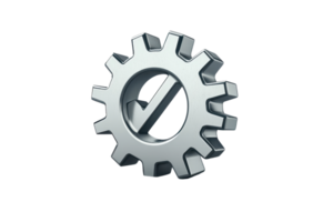 A 3D silver gear with a check mark, symbolizing efficiency and quality assurance in mechanical and engineering contexts. png