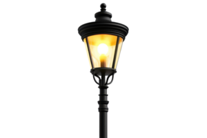 Classic street lamp post glowing warmly against a transparent background, evoking a sense of nostalgia and timeless elegance in urban settings. png