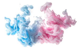 Vibrant blue and pink ink clouds swirling in water creating a stunning abstract design with soft, flowing textures and dynamic movement. png