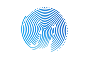 Abstract blue fingerprint silhouette on a transparent background, symbolizing identity, security, and biometric technology innovation. png