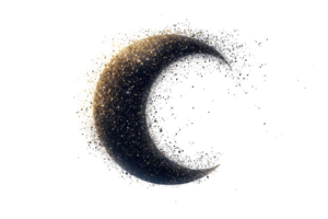 Abstract digital illustration of a crescent moon dissolving into particles, symbolizing mystery, dream, and transformation in a cosmic style. png