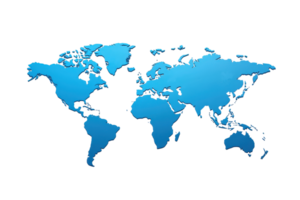Blue world map depiction on a transparent background, showcasing continents in abstract style. Perfect for global or geographic themes. png