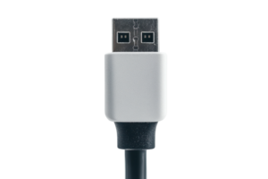 Close-up of a silver and black USB connector isolated on transparent background. showing details of modern electronic accessory for data transfer. png