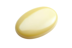 Close-up of a glossy, oval soap bar with a smooth texture, isolated on a transparent background, ideal for skincare and hygiene concepts. png