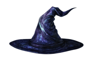 A mysterious purple wizard hat with starry patterns on a transparent background. capturing the essence of magic and enchantment. png