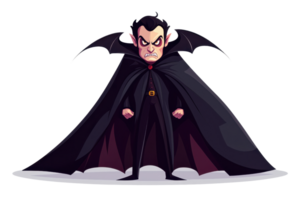 Cartoon vampire character with a cape, standing in a heroic pose. Perfect for Halloween themes and spooky projects. png