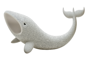 Artistic ceramic whale figurine isolated on transparent background, showcasing intricate patterns and craftsmanship in a playful marine-themed decor. png